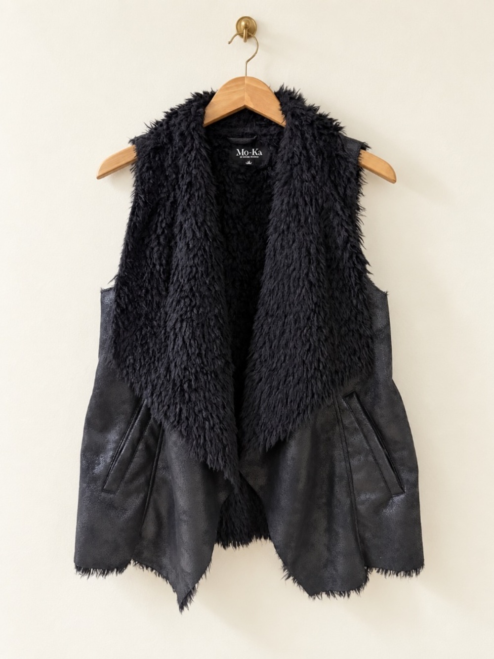 Mo-Ka Black Faux Fur Draped Open Front Vest Size S